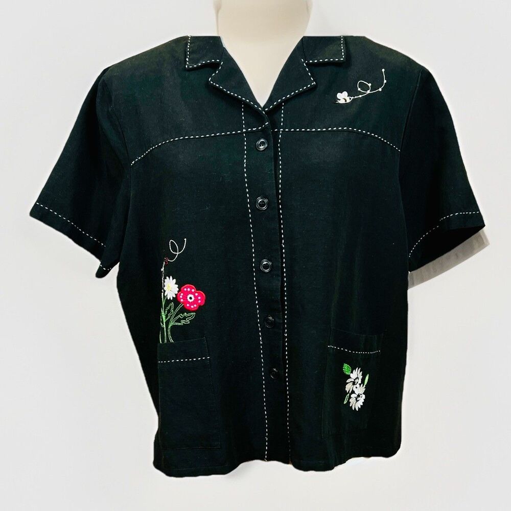 Alfred Dunner Camp Shirt Sz 16 Black Floral Embroidered Grannycore Cottagecore